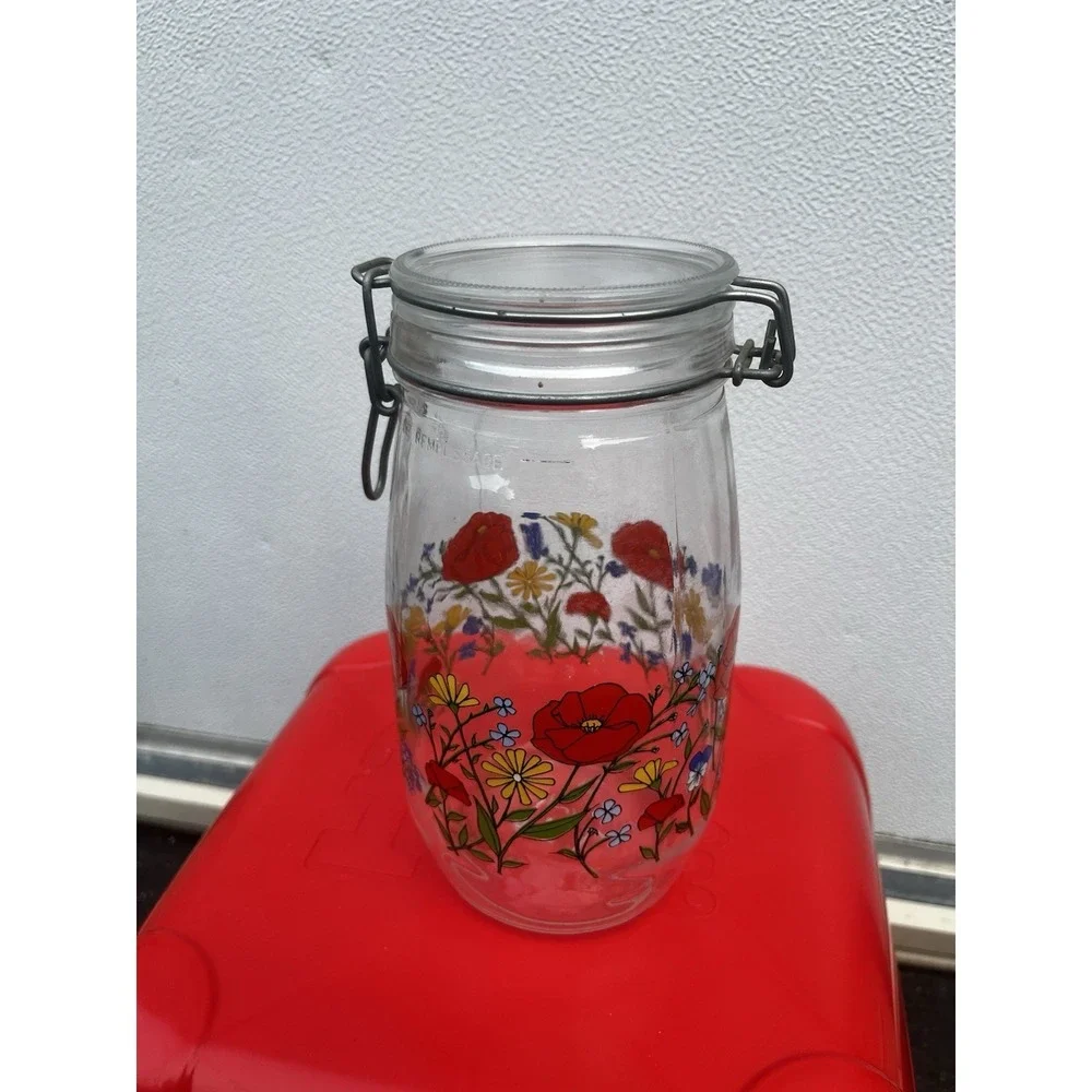 Vintage‎ Arc France R. Carmen Wild Poppy Glass Hinged Jar Canister 9
